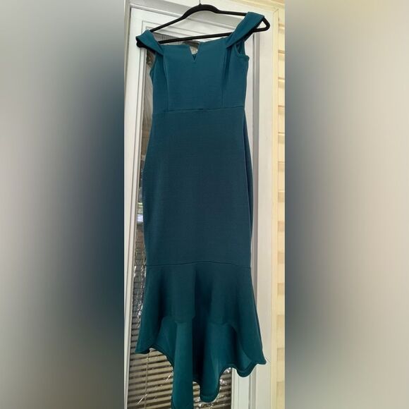 Armani Exchange turquoise off-shoulder bodycon dress, high-low valance, size 8 - Picture 7 of 11
